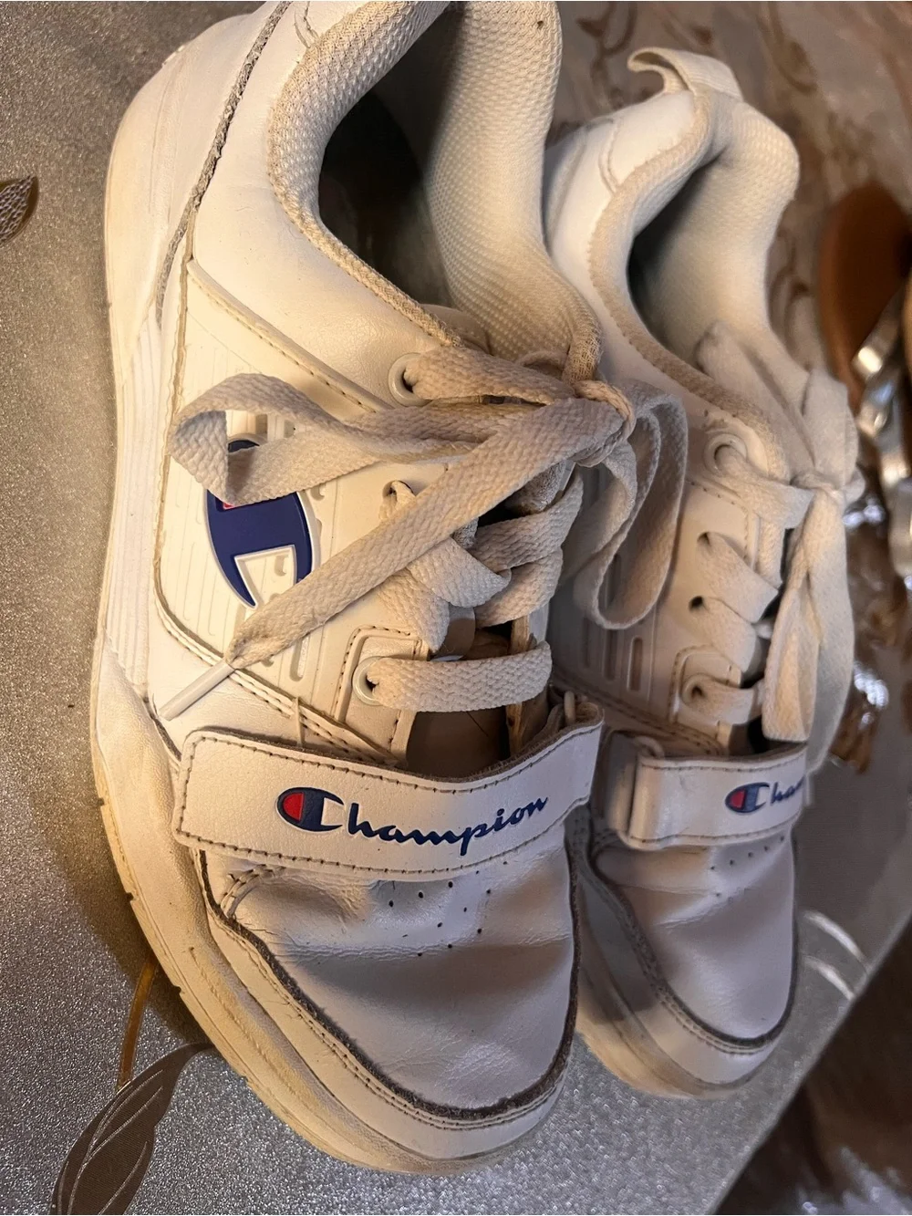 Champion Kids White Sneakers with Navy & Red Logo Accents